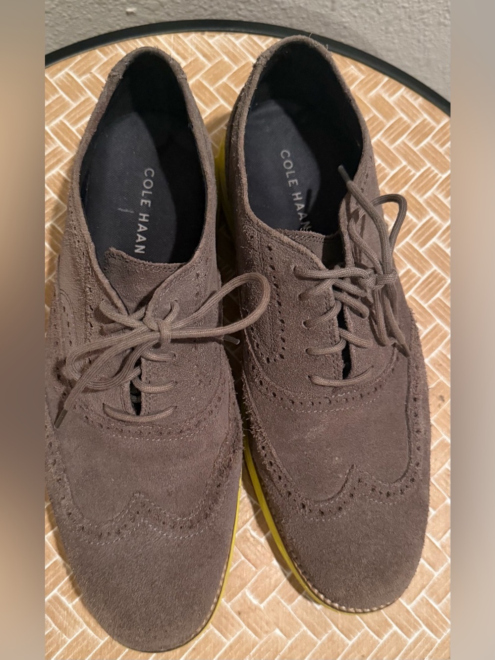 Cole Haan Gray Suede Wingtip Oxford Shoes with Yellow Soles - Men's Size 9 - Picture 6 of 9